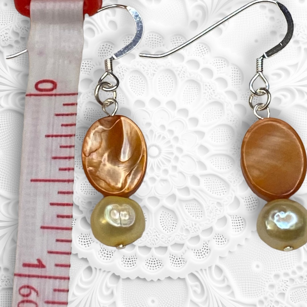 Hand Crafted Pearl Earrings Yellow Orange Freshwater Dangle Authentic Pierced - Picture 3 of 5